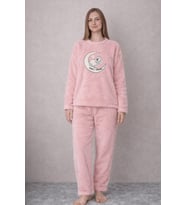 Noveya Koala Figürlü Ekru Kışlık Peluş Pijama Takımı – Yumuşak Dokulu Kadın Ev Giyimi (Açık Pembe)
