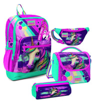 Coral High Kız Çocuk Pembe Su Yeşili Unicorn Desenli İlkokul Okul Çanta Seti ve Bel Çantası (Çok Renkli)