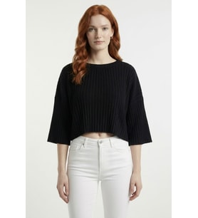 Kadın Siyah Triko Crop Bluz