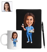 Kişiye Özel Hemşire Tasarımlı Karikatür Siyah Defter Kalem Kupa Seti 90