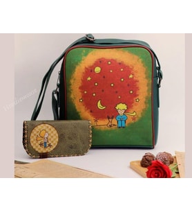 Küçük Prens Figürlü Büyük Postacı Kol Çantası Etnik Bohem Style Çanta Siyah, Cüzdan Yesil KOMBİN