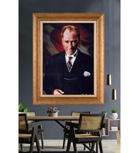 Altın Varaklı Çerçeveli Paspartulu Atatürk Tablo nh273 (Gold)