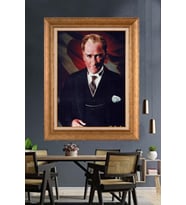 Altın Varaklı Çerçeveli Paspartulu Atatürk Tablo nh273 (Gold)
