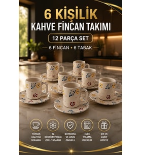 Seramik 12 Parça El Dekorlu Kabartma Desenli Türk Kahvesi Fincan Takımı 6 Kişilik 100 ml