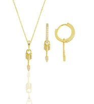 Gümüş altın yaldızlı zirkon taşlı ok kolye ve küpe ikili set SGTL11883GOLD