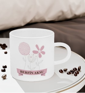 BK Gift Kişiye Özel İsimli Çiçek Tasarımlı Buzlu Cam Türk Kahvesi Fincanı-18, Sevgiliye Hediye, Arkadaşa Hediye, Anneye Hediye, Ofis Hediyesi