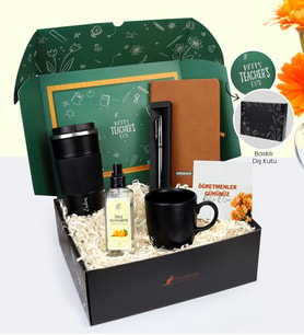 Öğretmenlere Özel 500 ml Çelik Termos & Defter & Rebul Mandalina Kolonya & Metalik Roller Kalem & Siyah Kupa Hediye Seti