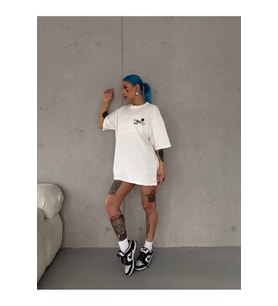 Unisex Bisiklet Yaka Baskılı Oversize T-Shirt - Beyaz