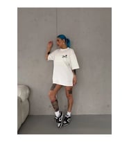 Unisex Bisiklet Yaka Baskılı Oversize T-Shirt - Beyaz