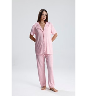 Kadın Yazı Detaylı Kısa Kollu Pijama Takım  Pembe Paris
