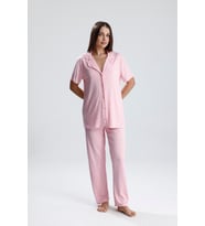 Kadın Yazı Detaylı Kısa Kollu Pijama Takım  Pembe Paris