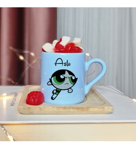 Power Puff Girls ( Buttercup ) Tasarımlı Kişiye Özel Mavi Türk Kahvesi Fincanı