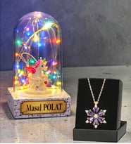 Gerçek Ametist Taşlı Lotus Kolye ve Renkli Led Işıklı Kişiye Özel Fanus Hediyesi (Model 7)