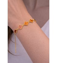 Gold Renk Yonca Desenli Çelik 316L Bileklik (Koyu Kırmızı)
