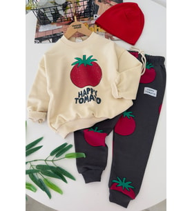 Happy Domates Baskılı Unisex Çocuk 2 li Takım - Krem