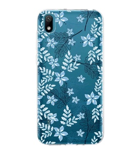 Huawei y5 2019 Uyumlu Kapak Floral Mavi Tasarımlı Şeffaf Silikon Kılıf