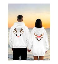 Sevgili Çift Kombin Hoodie Geyik Baskılı Oversize Kapüşonlu Sweatshirt 2’li Set Unisex 3 İplik (Beyaz)