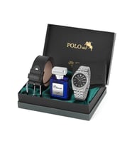 Polo Air Mercek Takvimli Erkek Kol Saati Cüzdan Kemer 55 ml Parfüm Kombin Gümüş Siyah Renk PL-0988E1 (Gümüş-Siyah)