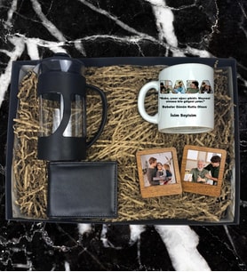 Kişiye Özel 4 Fotoğraf Resim Tasarımlı Kupa Bardak Erkek Cüzdanı French Press 2'li Ahşap Mdf Kahverengi Çerçeve Özel Hediye Seti