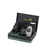 Polo Air Mercek Takvimli Erkek Kol Saati Otomatik Cüzdan Kemer Parfüm Seti Gümüş Siyah Renk PL-7079E3 (Siyah-Gri)