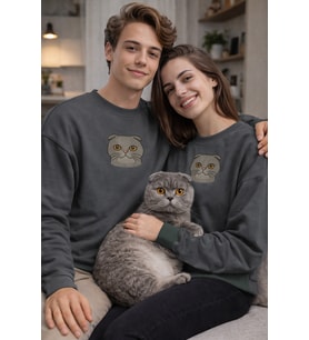 Scottish Fold Kedi Desenli Sevgili Sweatshirt – Unisex Çift Kombini (Gri)