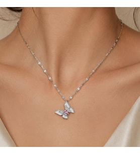 BK Gift Kelebek Figürlü Pembe Taş Detaylı Kadın Kolye - Kararma Yapmayan Silver Çelik Kolye