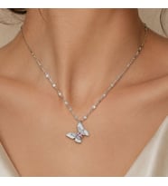 BK Gift Kelebek Figürlü Pembe Taş Detaylı Kadın Kolye - Kararma Yapmayan Silver Çelik Kolye