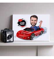 Kırmızı Spor Arabada Hız Yapan Erkek Karikatürlü Kanvas