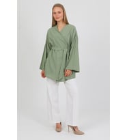 %100 Pamuk Keten Cepli Kemerli Yazlık Kadın Kimono 1166 - Nefes Alan Doğal Kumaş (Çağla Yeşili)