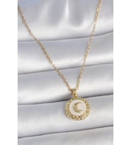 316L Çelik Gold Renk Zincir Beyaz Mineli Hilal İşlemeli Madalyon Model Kadın Kolye - TJ-BKO10035