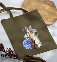 BK Gift Kedi Tasarımlı Haki Kumaş Bez Çanta, Baskılı Omuz Çantası, Alışveriş Çantası, Arkadaşa Hediye-3
