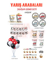 Yarış Arabaları Temalı Mini Doğum Günü Seti 8 Kişilik Parti Seti Banner Balon Tabak Bardak Popcorn (Beyaz-Siyah-Sarı)