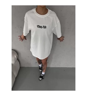 Unisex Bisiklet Yaka Baskılı Oversize T-Shirt - Beyaz