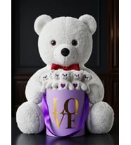 Anneye ve Sevgiliye Özel Premium Konsept Hediye Seti Dev Beyaz Ayıcık 55cm ve İçi Yavru Ayı Dolu Mor Love Kutusu