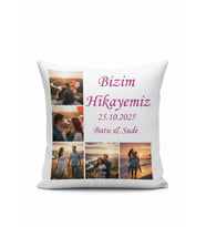 Bizim hikayemiz yazılı kişiye özel yastıık 40x40 (Beyaz)
