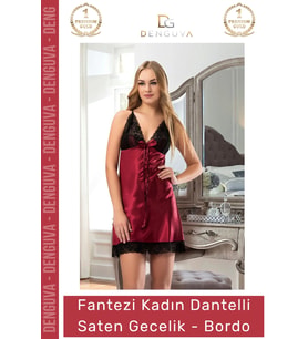 #Gecelik Kaliteli Kumaş Lüks Tasarım Çeyizlik Yumuşak Dokulu Rahat Bordo Dantelli Saten Gecelik