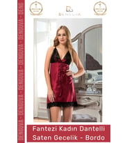 #Gecelik Kaliteli Kumaş Lüks Tasarım Çeyizlik Yumuşak Dokulu Rahat Bordo Dantelli Saten Gecelik