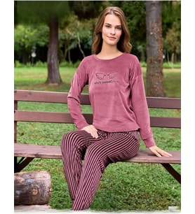 Pijamoni Kadın Kışlık Bisiklet Yaka Likralı Kadife Pijama Takımı 4210/10- 1 Adet (Gül Kurusu)