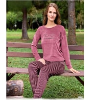 Pijamoni Kadın Kışlık Bisiklet Yaka Likralı Kadife Pijama Takımı 4210/10- 1 Adet (Gül Kurusu)