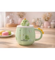 Sevimli Dinozor Kapaklı Seramik Kupa Bardak 500 ML Pipetli Mousse Tasarımlı Kahve & Çay Kupası (Ebru Yeşil)