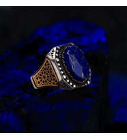 Lapis Lazuli Taşlı Geniş Kasa 925 Ayar Gümüş Erkek Yüzük