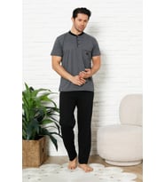 Erkek %100 Pamuklu Pijama Takımı-3 Düğmeli-Yaka Cepli 12384 ENİSENA (Füme)