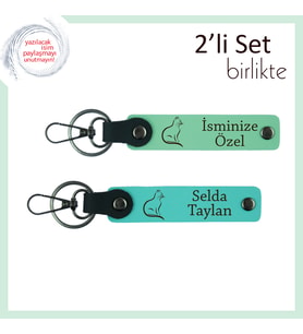 Kedili Kombinleri Sevenlere, Stil Sahibi, Kişisel Yazılı 2’li Anahtarlık, Açık Yeşil-Turkuaz