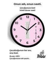 İsme Özel I Harfli Pembe Çocuk Odası Duvar Saati Orta Boy 30 cm Siyah Camlı Sessiz