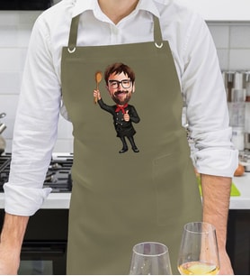 BK Gift Kişiye Özel Erkek Chef Karikatürlü Profesyonel Haki Yeşil Mutfak Önlüğü, Aşçı Önlüğü, Şef Önlüğü, Arkadaşa Hediye-7