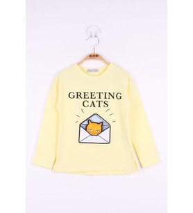 Toontoy Kız Çocuk Kedi Baskılı T-Shirt (Sarı)