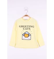 Toontoy Kız Çocuk Kedi Baskılı T-Shirt (Sarı)