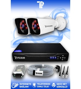 PICAM 2 Kameralı Kare 2 Dış Kamera Set HDD'siz Full HD Gece Görüşlü Güvenlik Kamerası Sistemi