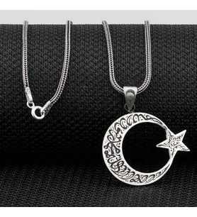 Kelimei Tevhid Yazılı Büyük Boy Ay Yıldız Tasarımlı 925 Ayar Gümüş Kolye