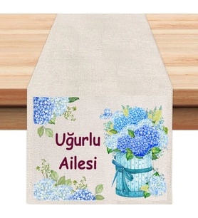 Kişiye Özel Mavi Çiçekler Yazılı Tasarımlı Runner, Runer, Masa Örtüsü, Sofranıza Zarafet Katın Runner (Krem)